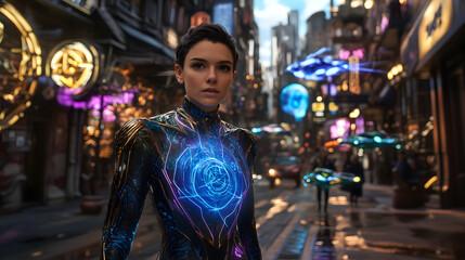 Obraz premium A young woman in a futuristic, glowing suit stands on a busy, neon-lit city street. Flying vehicles zip past in the background. The overall atmosphere is vibrant and sci-fi.