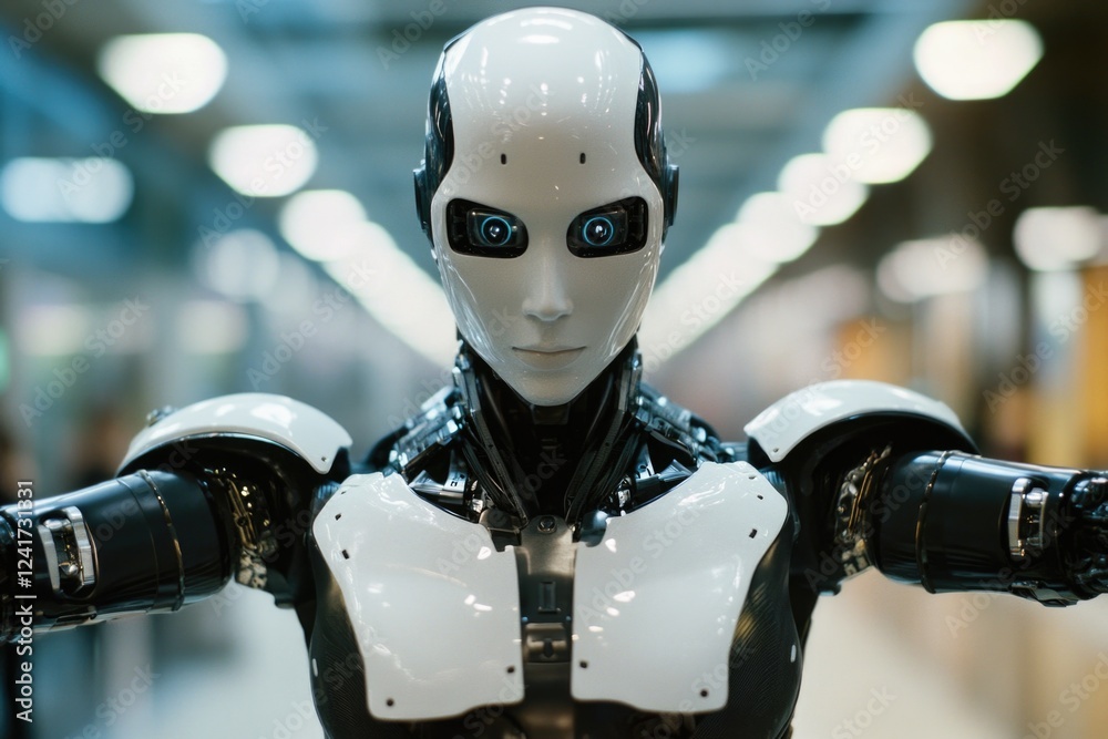 Poster a robot stands alone in an empty room with a calm expression