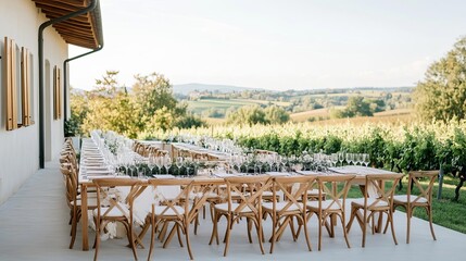 Open-air wedding setup with vineyard views and wooden cross-back chairs