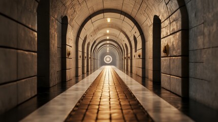 Obraz premium Long arched hallway, stone walls, light at end. Background, mystery, architecture