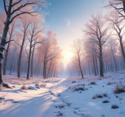 Naklejka premium Frosty forest landscape with snow-covered trees and bare branches, snowy forest floor, frosted trees, bare trees