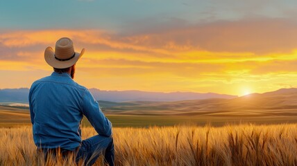 A cowboy in a straw hat sits in a golden field, watching a breathtaking sunset over distant mountains, embodying tranquility and rural life.