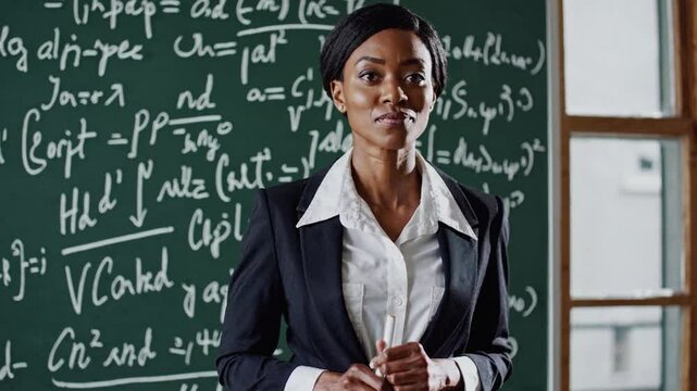 scene of a confident female science professor standing in front of a large chalkboard filled with complex equations, diagrams, and scientific notations. 