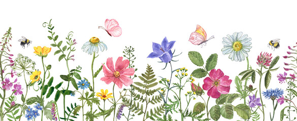 Watercolor floral frame. Horizontal seamless border of hand-painted colorful wildflowers and botanical greenery. Design for invitation. PNG clipart.
