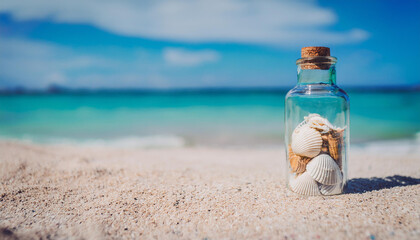 Small glass bottle filled with shells on sandy beach shore, turquoise sea, ocean water. Summer time