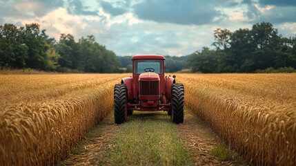 Obraz premium Farmer driving an old-fashioned tractor through a wheat field