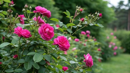 fuchsia colored bush roses against a lush green background, outdoor scenery, natural beauty, summer hues, botanical photography, shrub roses