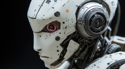Fototapeta premium Close-up shot of a robot's head with bright red eyes, suitable for sci-fi and futuristic themes