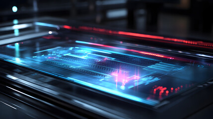 Obraz premium Solar panels with a dynamic holographic display that represents energy conversion processes, optimizing solar energy use and promoting clean and renewable technologies.