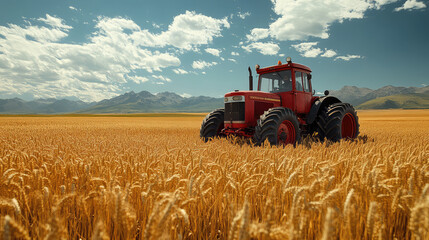 Fototapeta premium Farmer driving an old-fashioned tractor through a wheat field