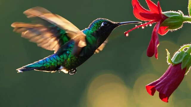scene of a delicate hummingbird hovering mid-air, its iridescent feathers shimmering in shades of emerald green and sapphire blue as it extends its slender beak toward a vibrant flower. 
