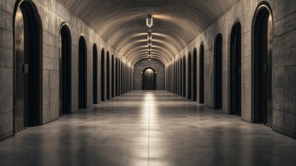 Mysterious arched hallway, stone walls, many doors, background light