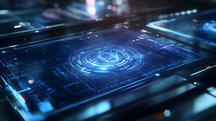 Obraz premium Smart solar panels with holographic projections, showcasing real-time energy production, conversion, and storage, designed for efficient renewable energy usage in homes.