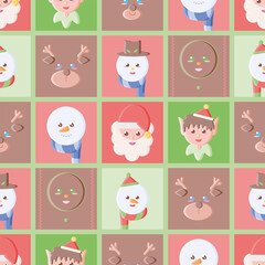 Cute Christmas characters vector repeat pattern featuring Santa Claus, Gingerbread men, elves, reindeers and snowmen. 