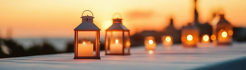 Sunset wedding setup with glowing lanterns and soft ambient lighting