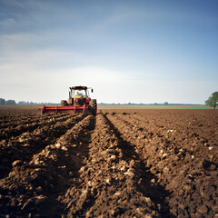 Fototapeta premium Modern Tractor Plowing Fields: Preparing the Soil for a Bountiful Harvest under a Clear Sky