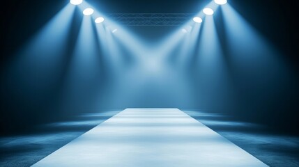 Fototapeta premium Dramatic Runway Stage Lit by Spotlights Fashion Show Empty Catwalk Blue Lighting Presentation