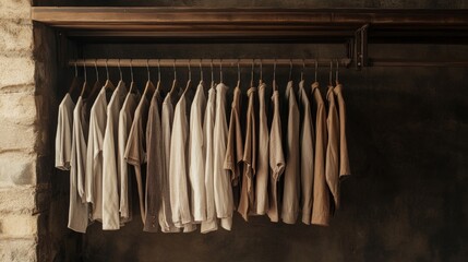 Neutral-toned shirts hanging in rustic closet