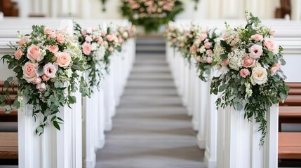 Traditional wedding setup with pews decorated with floral arrangements