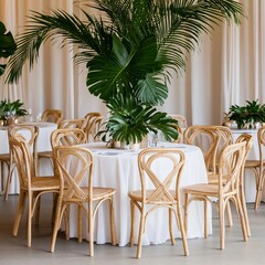 Tropical wedding reception with palm fronds and bamboo furniture