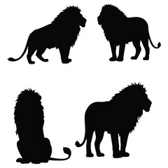 Naklejka premium four distinct black silhouette representations of lions in various poses (standing and seated)
