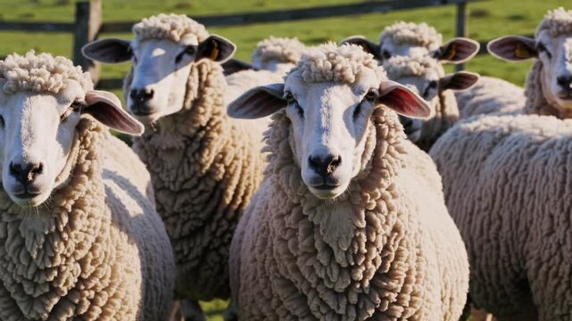 realistic mid-range shot of a group of sheep standing together in a pastoral setting, gazing directly into the camera with calm and curious expressions.