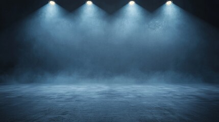 Obraz premium Dramatic Studio Background Dark Blue Foggy Room with Spotlights Concrete Floor Cinematic Lighting
