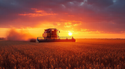 Fototapeta premium Farmer driving a combine harvester at sunset