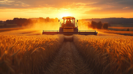 Fototapeta premium Farmer driving a combine harvester at sunset