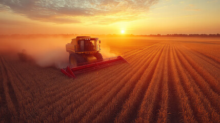 Fototapeta premium Farmer driving a combine harvester at sunset
