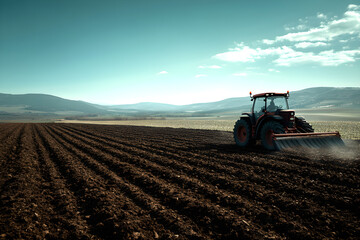 Obraz premium Modern Tractor Plowing Fields: Preparing the Soil for a Bountiful Harvest under a Clear Sky