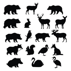 Fototapeta premium a collection of black silhouettes of various wild animals and birds, including bears, deer, rabbits, pigs, birds, moose, foxes, squirrels, swans, and herons