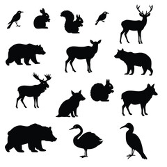 A collection of black silhouettes of various wild animals and birds, against a white background