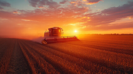 Fototapeta premium Farmer driving a combine harvester at sunset