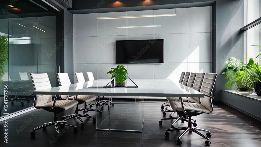 Poster high quality 4k animation of a modern conference room with sleek design and natural lighting featuri