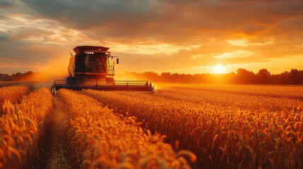Fototapeta premium Farmer driving a combine harvester at sunset