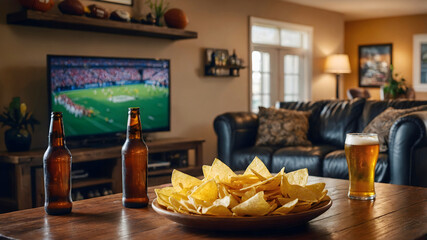 A living room with a TV showing a football game, a wooden table with beer bottles, a glass of beer, and a plate of tortilla chips in front of a tv game
