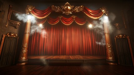 Majestic Red Velvet Theater Stage Curtains Golden Pillars Dramatic Lighting Empty Stage