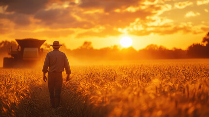 Fototapeta premium Farmer driving a combine harvester at sunset