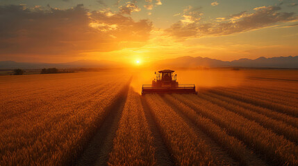 Fototapeta premium Farmer driving a combine harvester at sunset