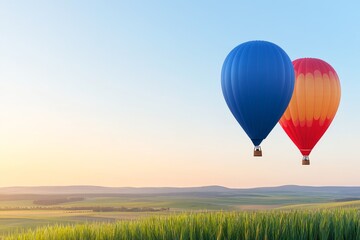 Hot Air Balloons Over Green Field - Two hot air balloons, one blue and one red and orange, float over a tranquil green field at sunrise.
