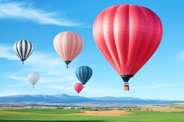 Obraz premium Hot Air Balloons Over Green Fields - Colorful hot air balloons float gracefully over a picturesque landscape of rolling green hills under a bright blue sky.