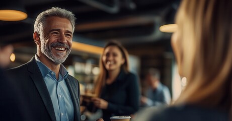 Two professionals smiling and holding coffee cups in a bright, modern office setting, engaging in a friendly conversation
