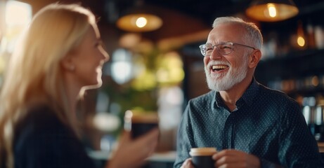 Fototapeta premium Two professionals smiling and holding coffee cups in a bright, modern office setting, engaging in a friendly conversation