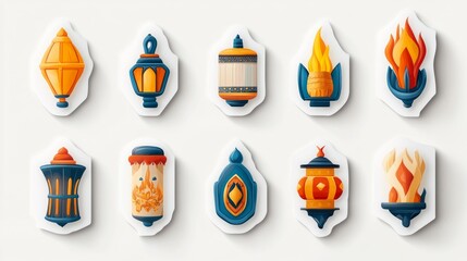 Collection of decorative lanterns and torches in various styles.