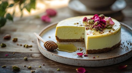 Delicious cheesecake topped with rose petals and pistachios served in a rustic setting during afternoon light
