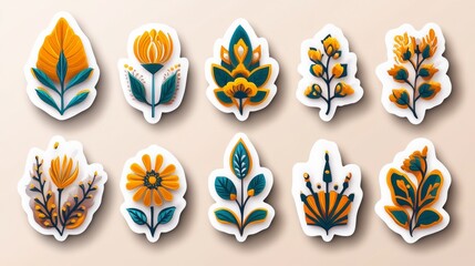 Fototapeta premium Collection of stylized floral stickers in warm and cool tones.