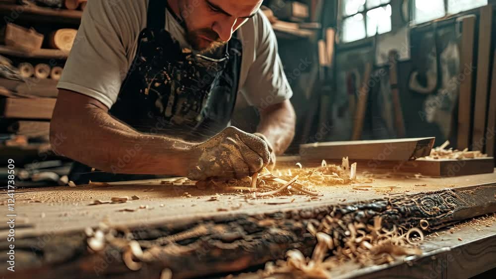 Poster Crafting beautiful woodwork in a high-quality 4k animation showcasing skilled craftsmanship and attention to detail in a workshop setting