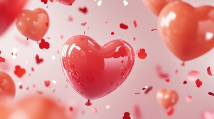 Glossy red heart-shaped balloons float amidst vibrant confetti on a soft pink background, creating a romantic and joyful atmosphere. Perfect for Valentine's Day promotions, cards, and festive decor