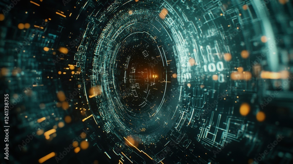 Poster futuristic digital data tunnel transmitting glowing particles and binary code, representing innovati